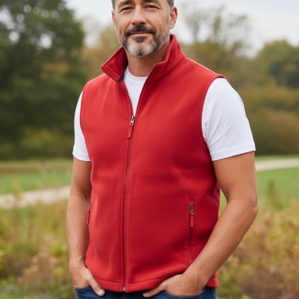 Lands End Mens Fleece Vest Full Zip Size L Red Gilet Classic Preppy Quiet Luxury